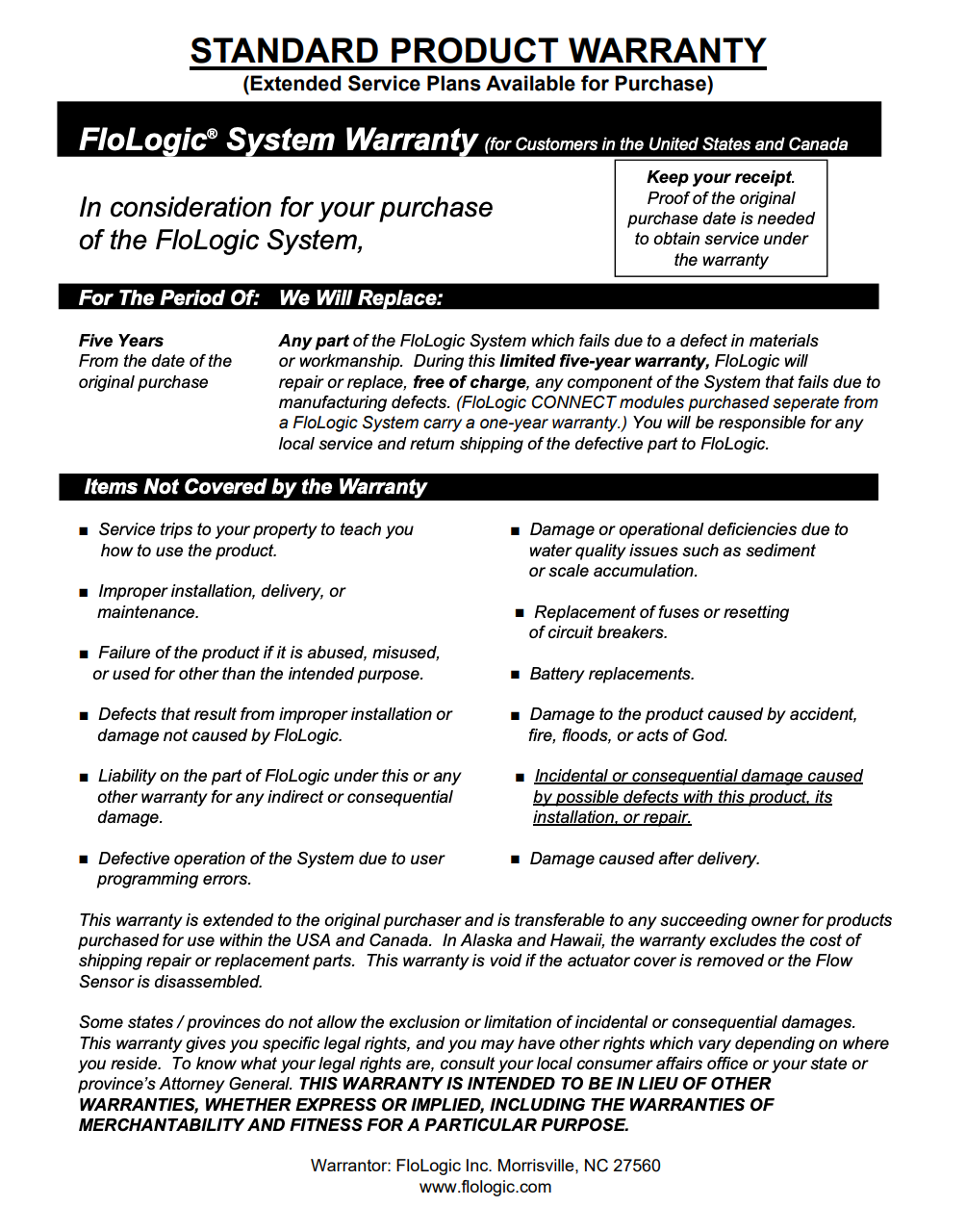 FloLogicFlyer Warranty